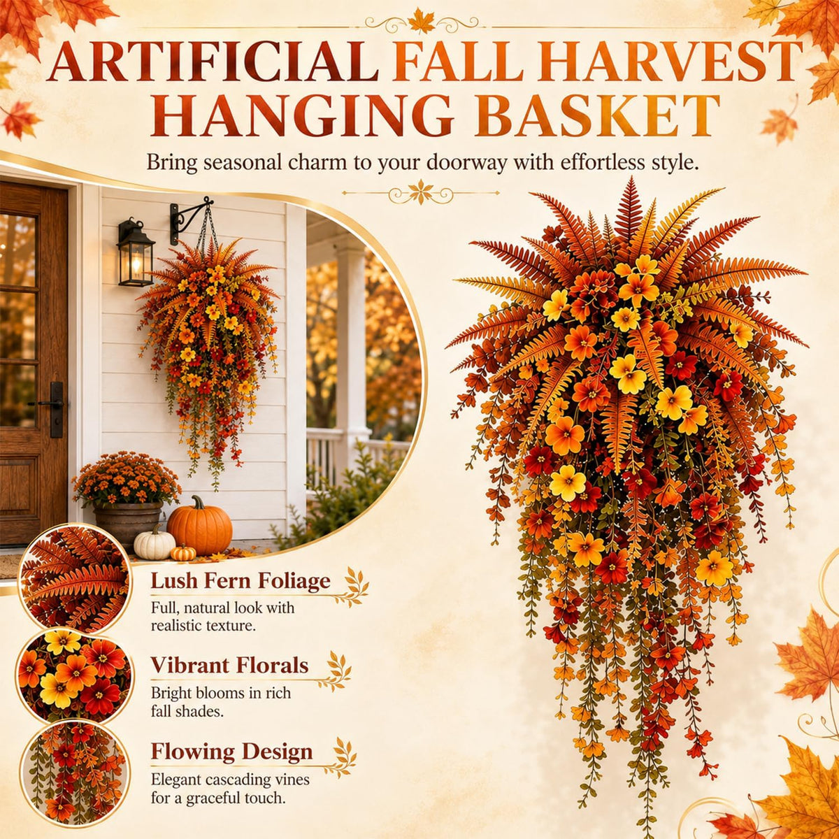 2Pcs Artificial Fall Harvest Hanging Basket,UV Resistant Faux Autumn Floral