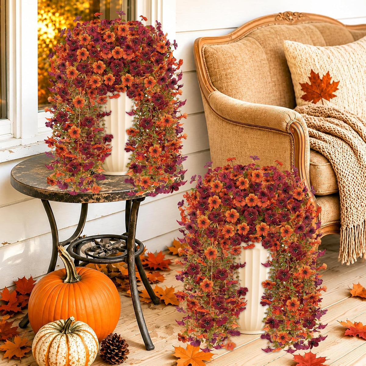 8PCS Artificial Fall Hanging Flowers for Outdoor Realistic hanging Mums