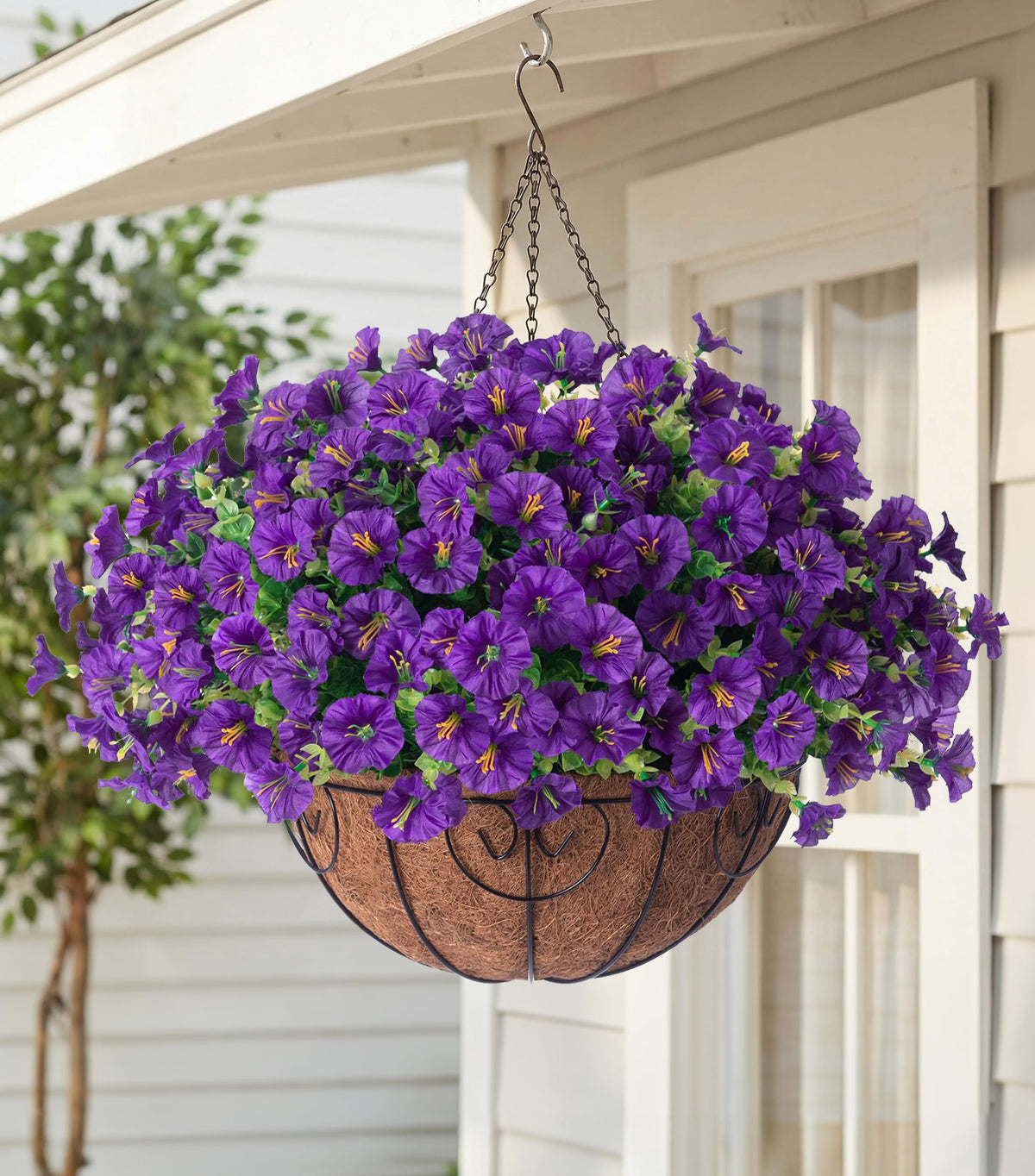 HyeFlora Artificial Fall Hanging Flowers with Basket Faux Plants for Outdoors, Fake Silk Morning Glory with Eucalyptus in Planter UV Resistant Outdoor Flowers for Outside Porch Patio Garden Home