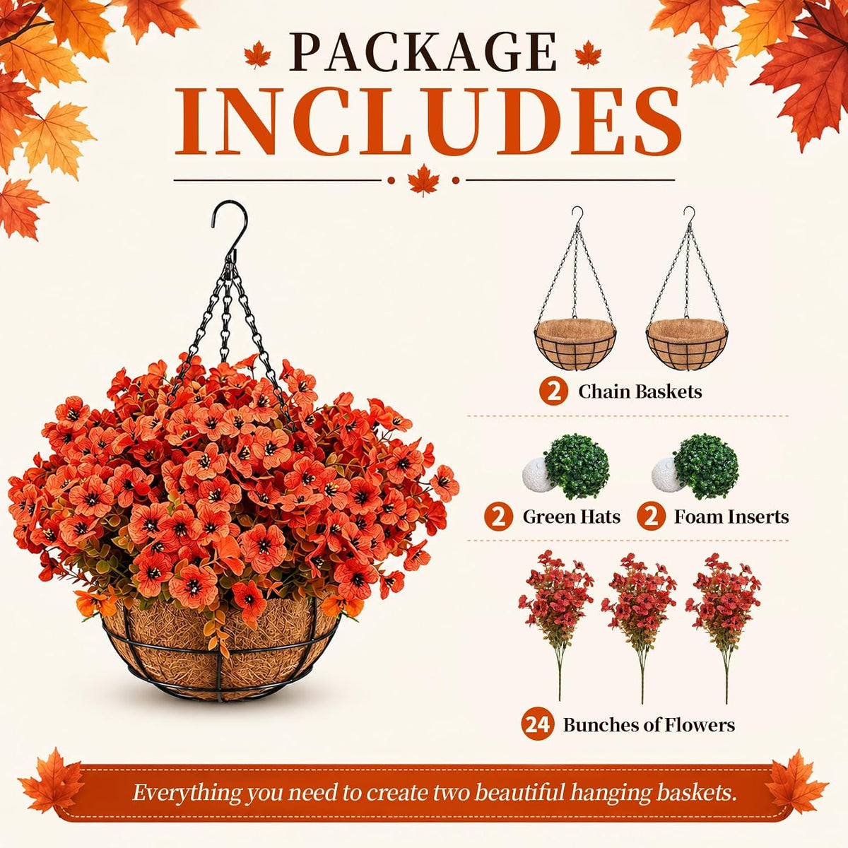 2 Set Artificial Hanging Flower Baskets with Coco Liners, Orange Fall