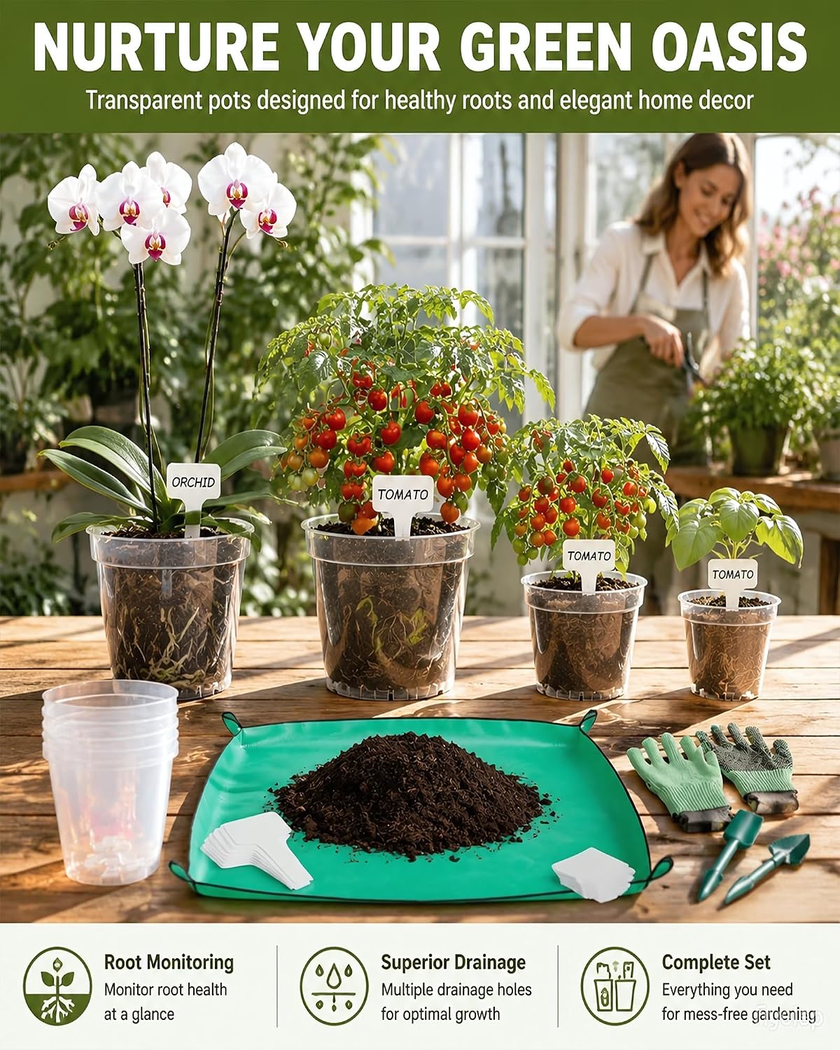16 Pack 10/8/6/4 Inch Sizes Large Clear Nursery Pots with Drainage