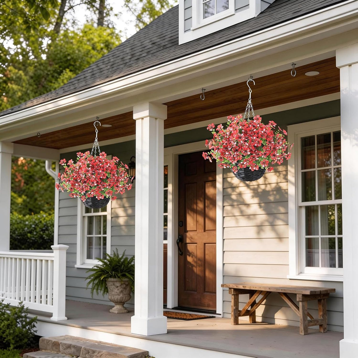 2PCS Fake Eucalyptus Silk Flower Hanging Plant for Porch Decor(Red)