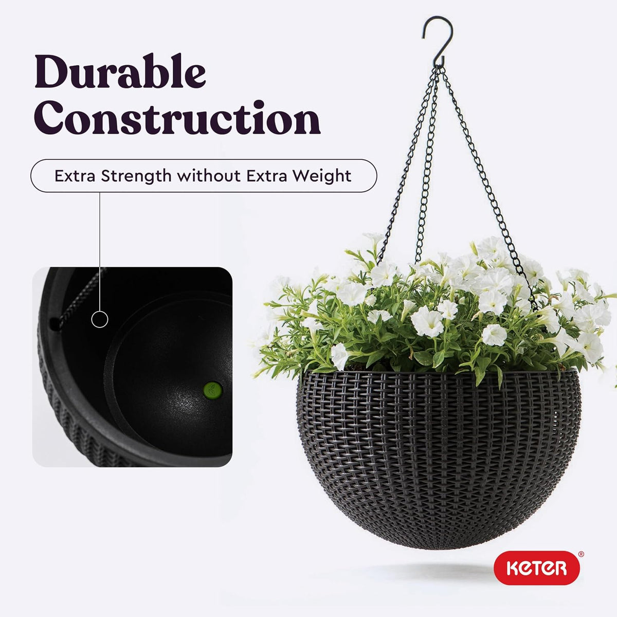 Keter Resin Rattan Set of 2 Round Hanging Planter Baskets for Indoor and Outdoor Plants-Perfect for Porches and Patio Decor, Graphite