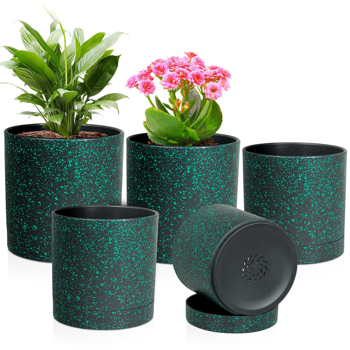 Meowell 8/7/6 inch Plant Pots, 3 Set Cylinder Flower Pots for Outdoor Indoor Plants, Decorative Plastic Planters with Drainage Holes and Saucers for Garden House Plants, Black