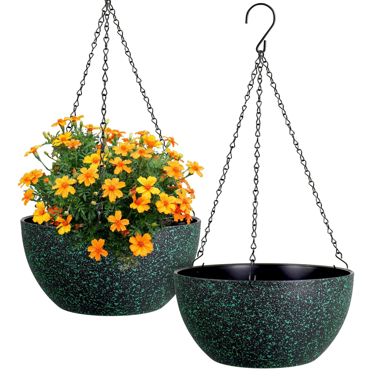 Meowell 10 inch Hanging Planters for Indoor Outdoor Plants, 2 Pack Hanging Flower Pots with Drainage Holes and Chain for Garden Porch, Round Plastic Hanging Baskets for House Plants, Black