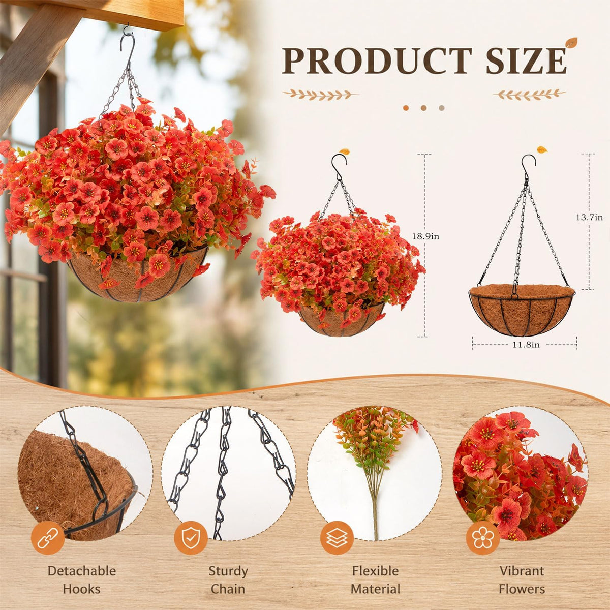 Artificial Outdoor Flowers with Hanging Baskets, 24pcs Fake Fall Mums Flower with 2 Pack Hanging Planters, Realistic UV Resistant Hanging Plants for Autumn Front Porch Garden Home Patio Yard Decor