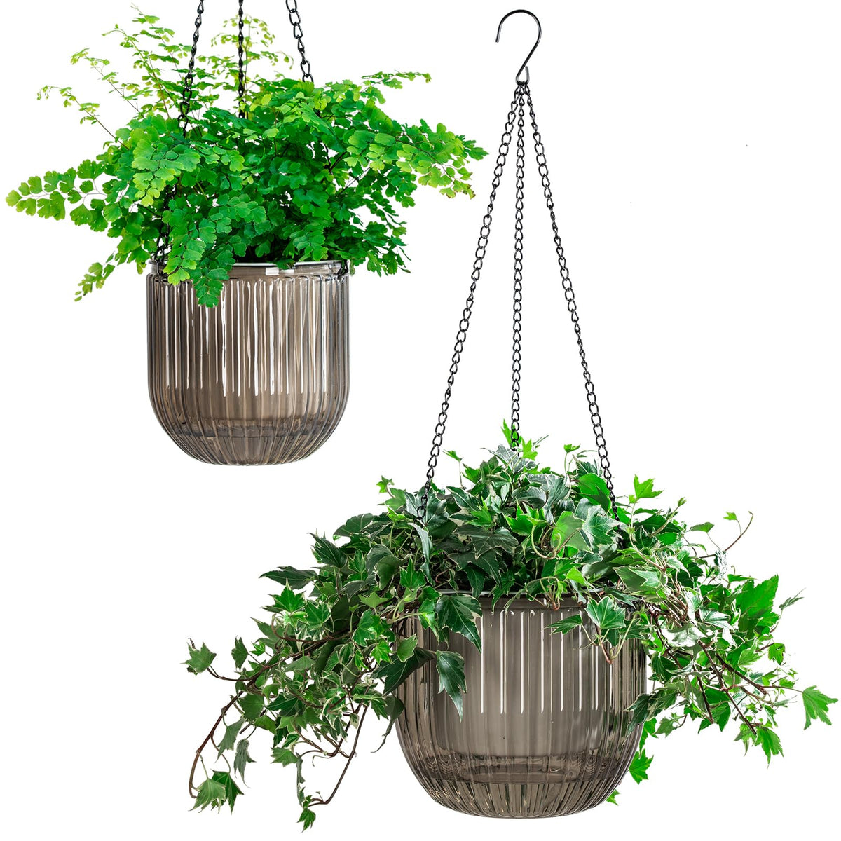 Melphoe 2 Pack Self Watering Hanging Planters Indoor Flower Pots, 6.5 Inch Outdoor Hanging Basket, Plant Hanger with 3Hooks Drainage Holes for Garden Home (Emerald)
