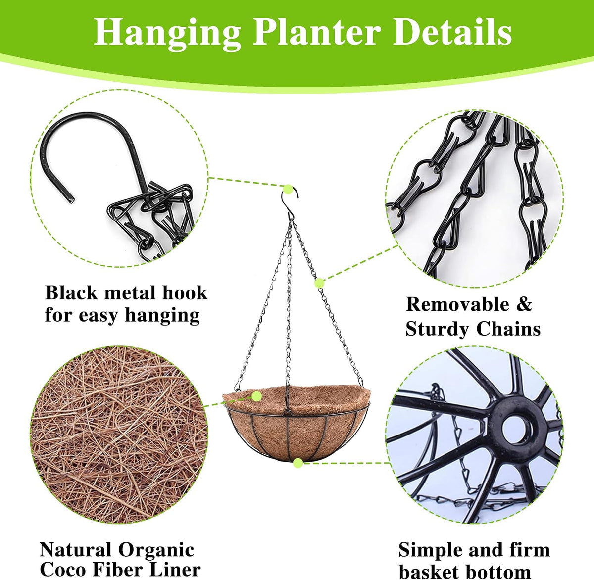 EIMQUVW Metal Hanging Planters Basket Set of 3 Hanging Flower Pots 12 Inch Chain Round Wire Plant Holder with Coco Coir Liner Garden Watering Hanging Baskets for Patio Garden Outdoor1