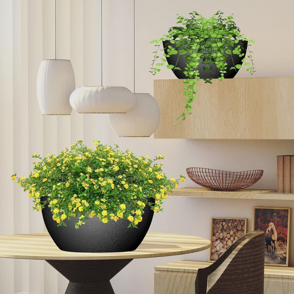 WOUSIWER 13 inch 2Pack Large Hanging Planters for Outdoor Indoor Plants with Drainage Holes and Chain, Round Hanging Flower Pots for Garden Home Porch Decor, Black