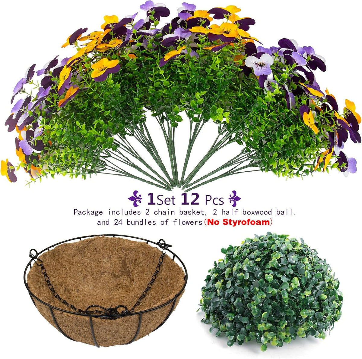 lovemoon 2 Set Artificial Outdoor Pansy Flowers with Hanging Baskets