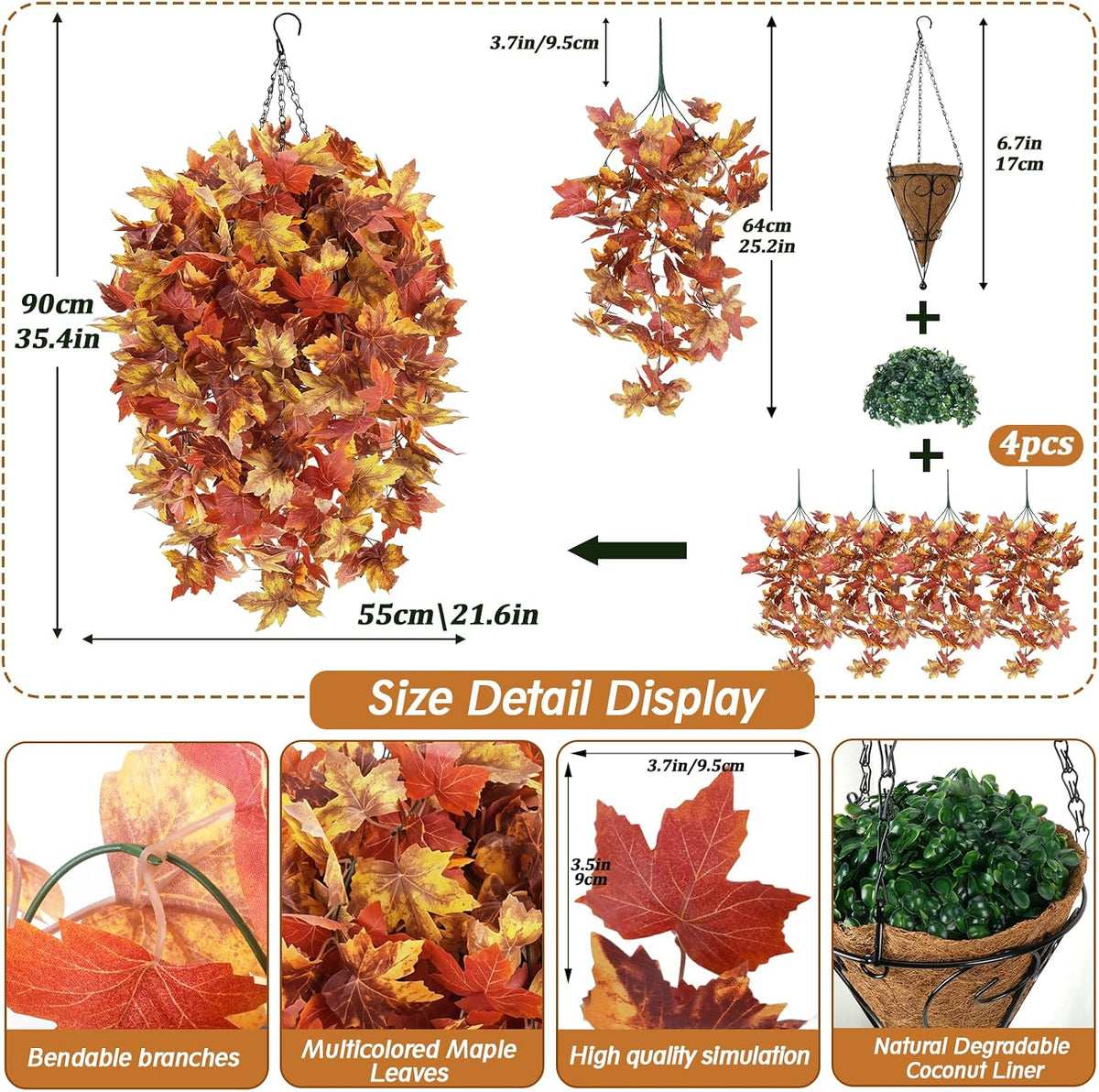 HUAESIN 2 Set Fall Hanging Baskets Outdoor with Maple Leaves