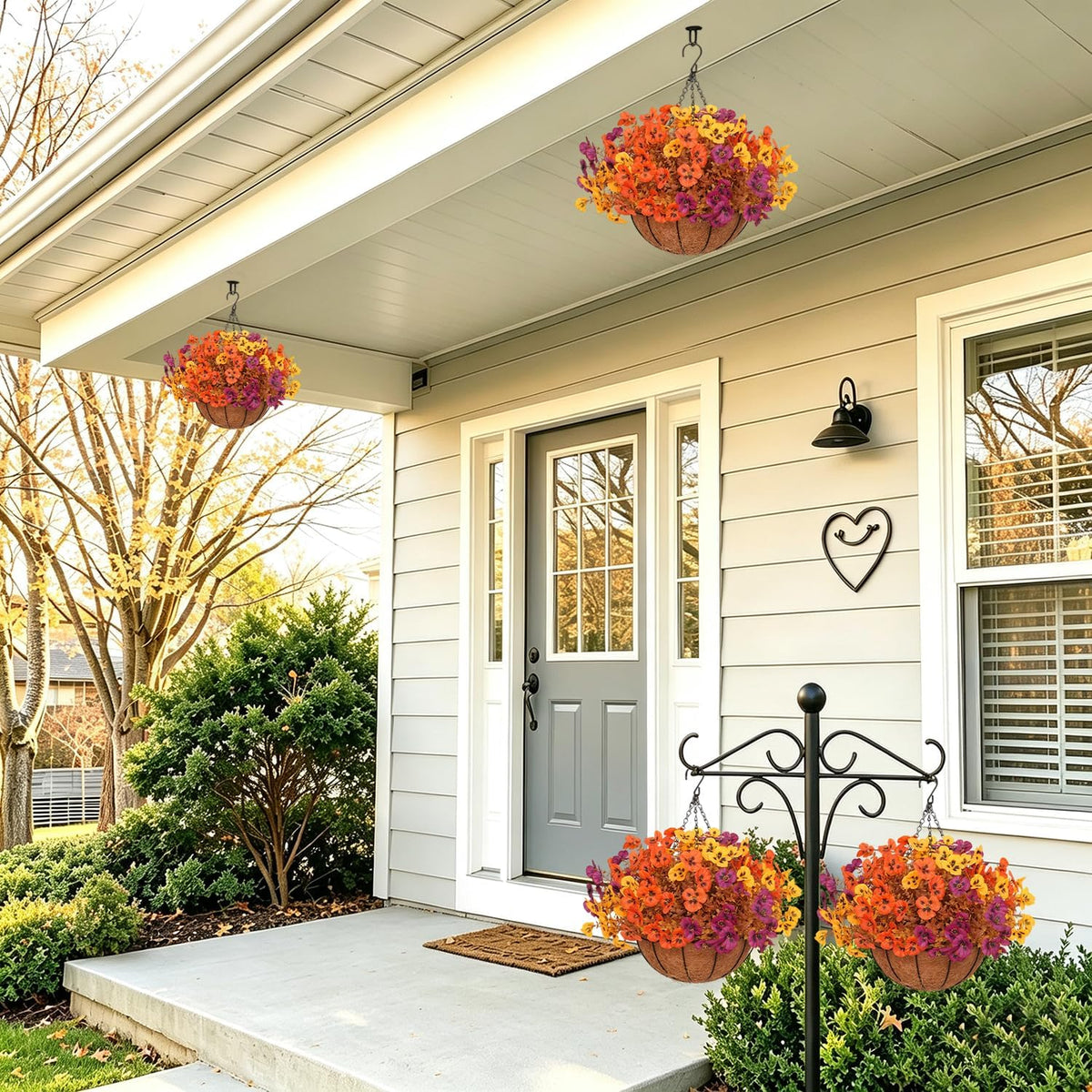 2 Set Artificial Fall Hanging Flower Baskets for Outdoor Autumn Decor