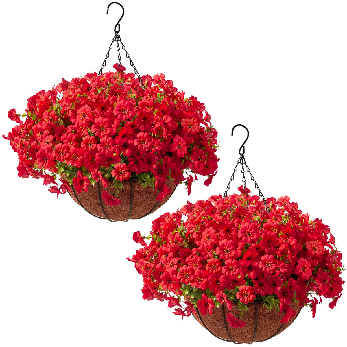 Hananona 2 Set Artificial Outdoor Flowers with Hanging Basket, 2 Hanging Planters with 24 Pcs Flowers for Spring Summer Front Porch Garden Patio Home Decor (2, Purple)