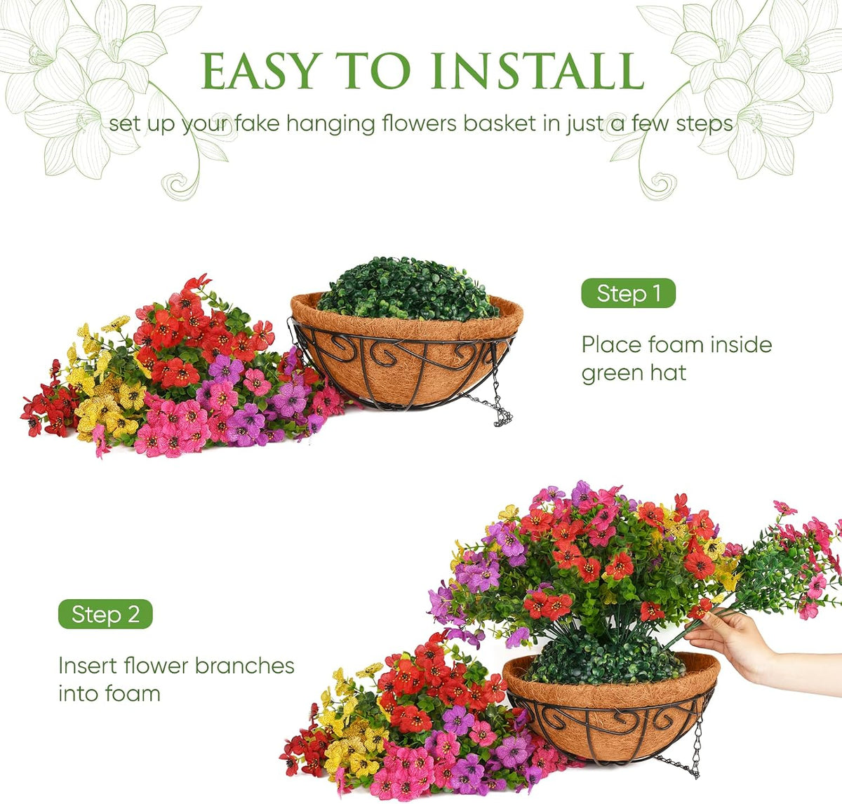Artificial Hanging Flowers Basket Outdoors(Mix Red Purple Yellow Hot Pink)