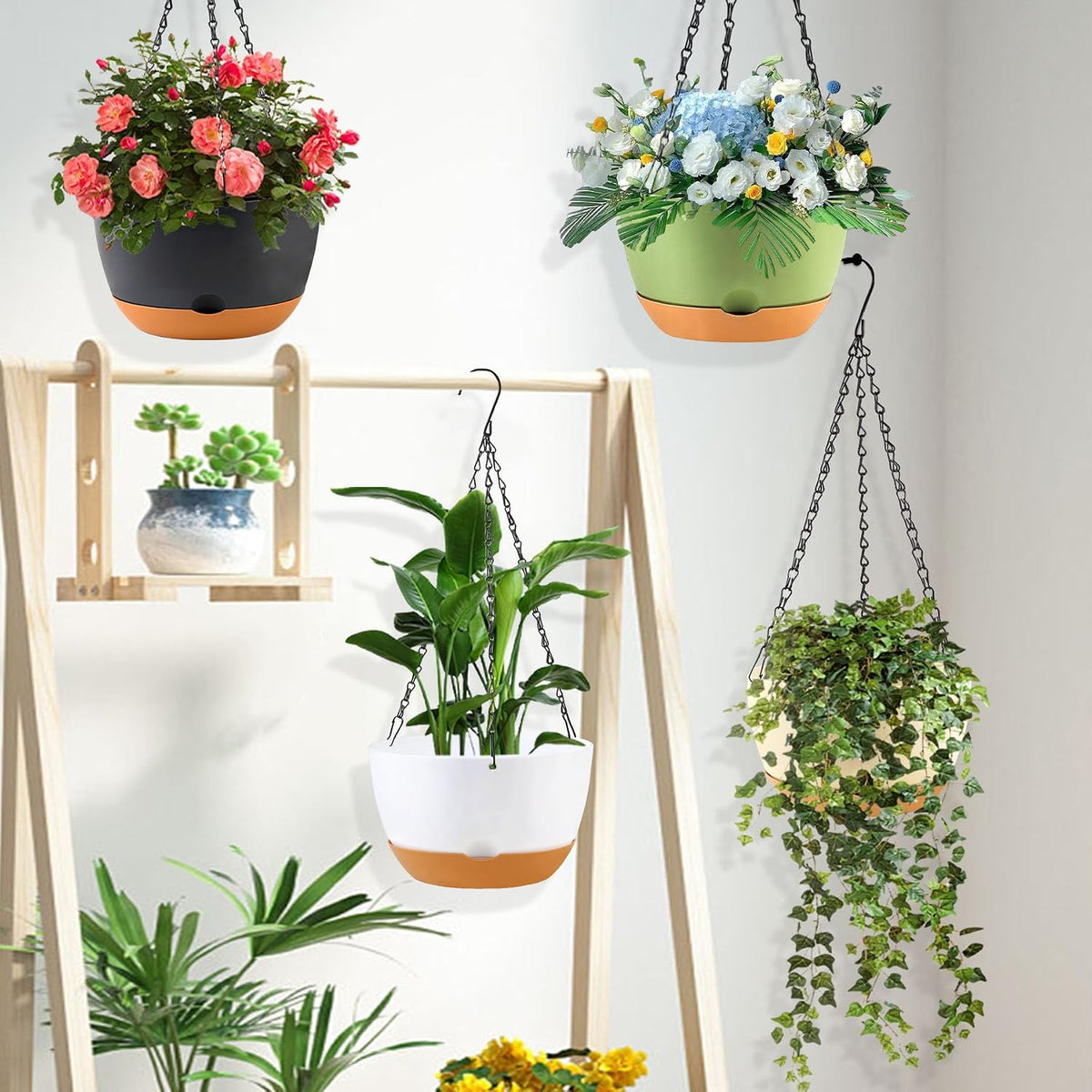 KPUVX 4 Pack Plastic Hanging pots for Plants Indoor,8 Inch Plant Pot Indoor Outdoor Hanging Baskets,Hanging Flower Pots with Drainage Holes and Chain for Garden Porch Plants(Black)
