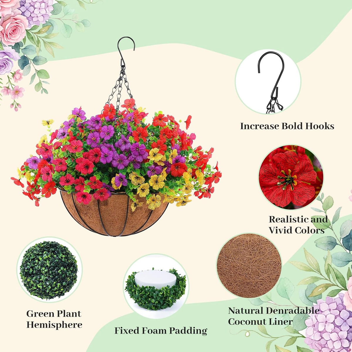 4 Set Artificial Faux Hanging Plants Flowers Basket for Summer, UV Resistant Artificial Flowers, Artificial Outdoor Flowers Hanging Basket, Front Porch Garden Patio Home Decor