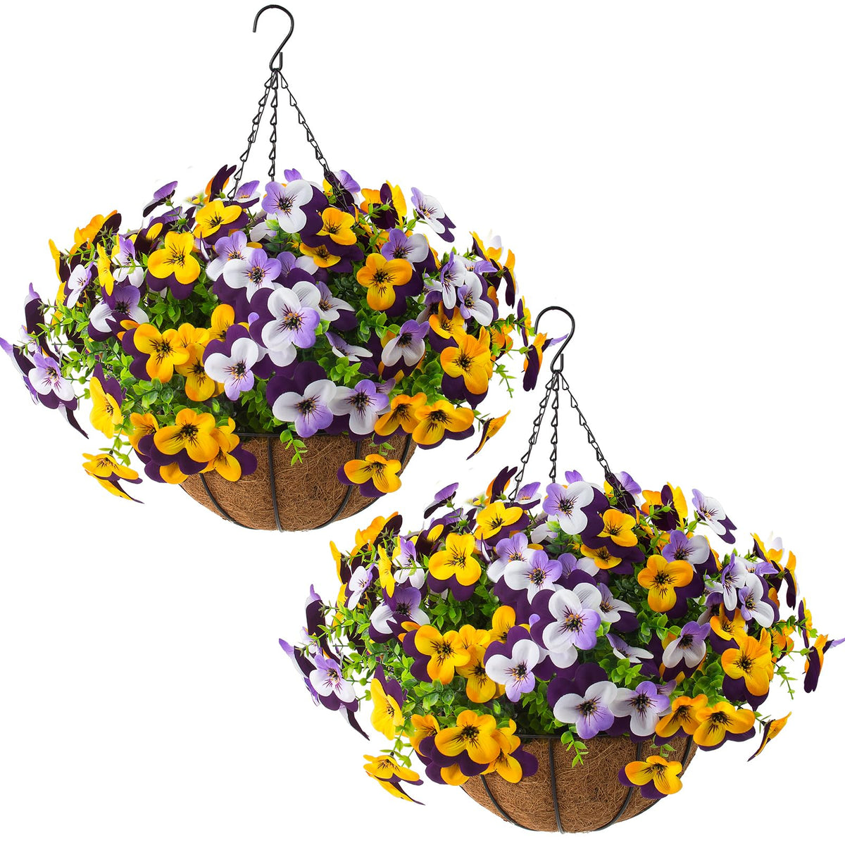 lovemoon 2 Set Artificial Outdoor Pansy Flowers with Hanging Baskets
