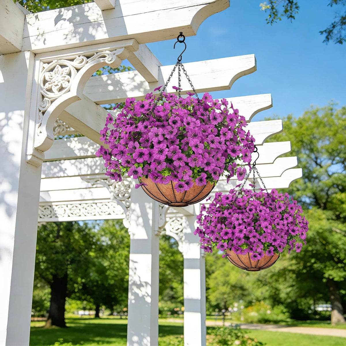 Roberly Artificial Hanging Flowers for Outdoors with Hanging Basket, Violet