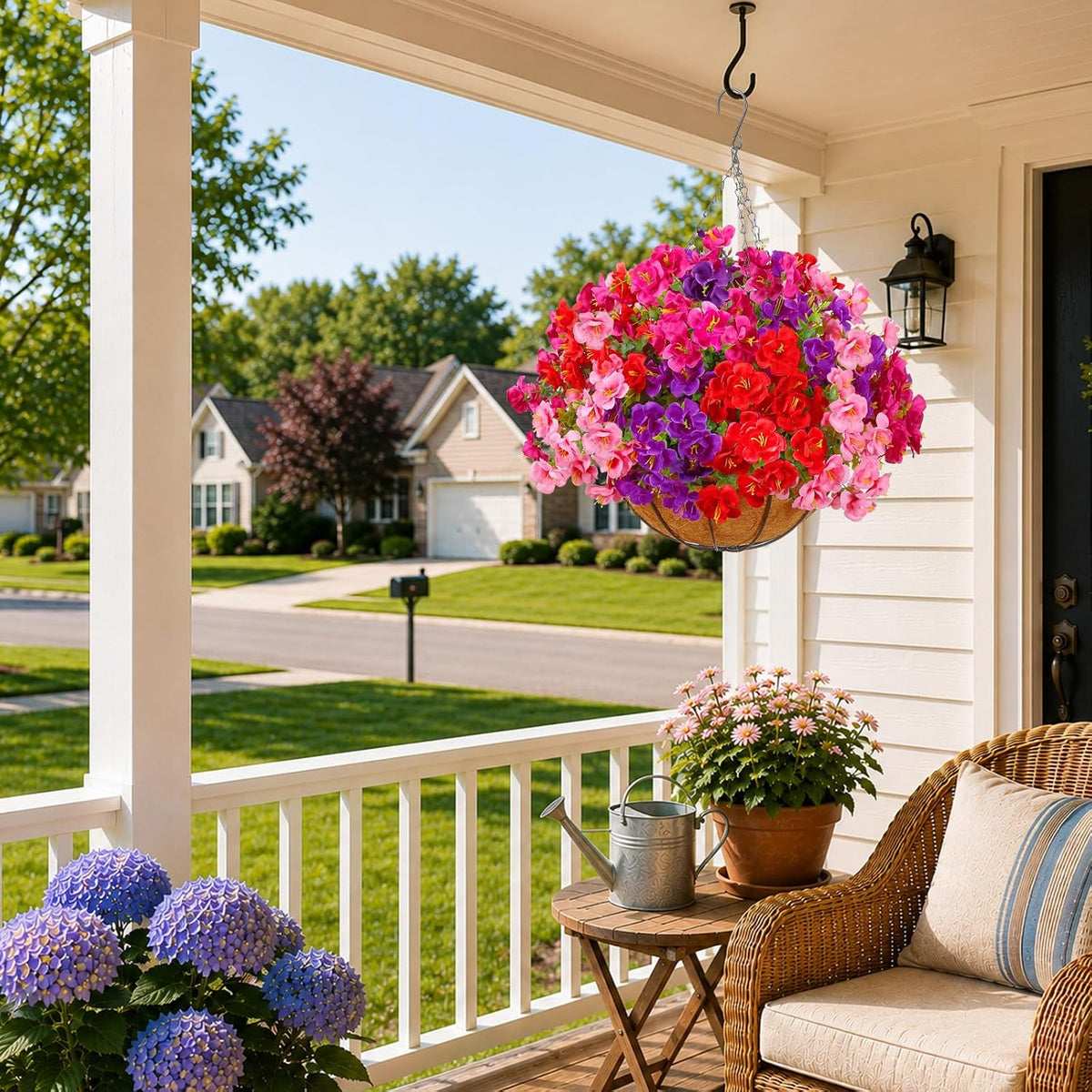 2 Set Artificial Outdoor Flowers with Hanging Basket, Outside Decor