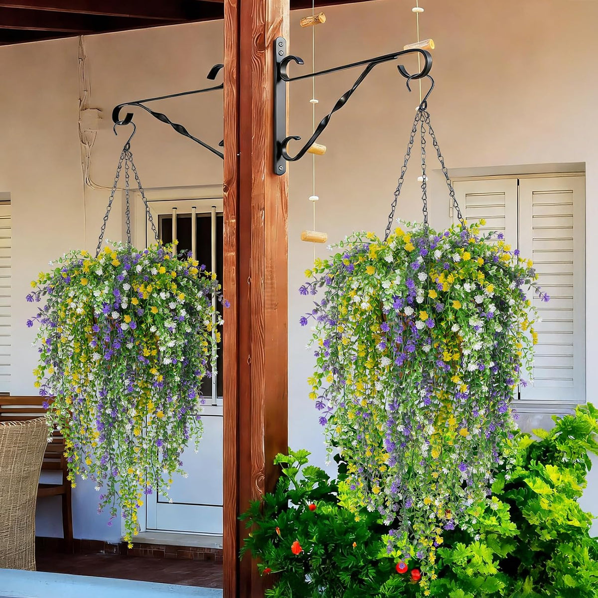 2 Set Artificial Flower Hanging Baskets for Outdoors, UV Resistant