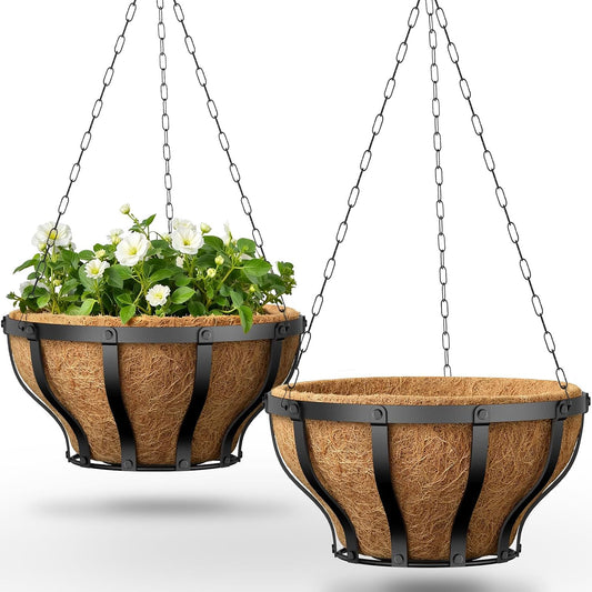 VOXOR Metal Hanging Baskets for Plants, Heavy Duty Wrought Iron Hanging Baskets with Coco Liner & Reinforced Chain, Ideal for Garden, Patio & Porch Decoration (2 Pack, 12 Inch)