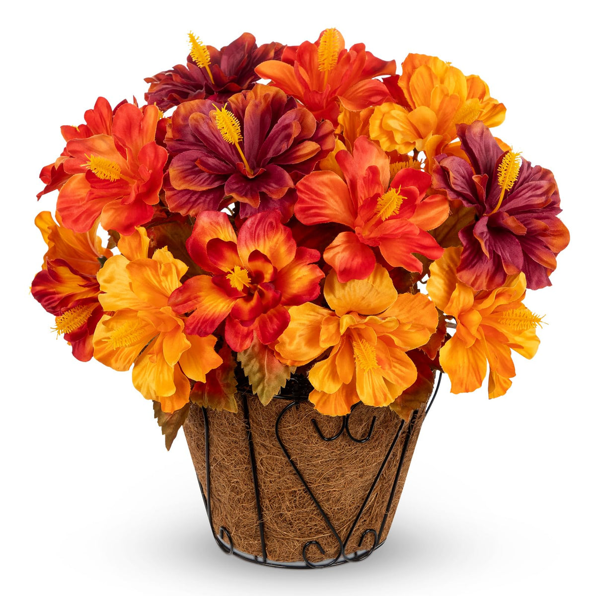 Briful 16.9" Artificial Hanging Basket with Flowers, Fake Autumn Hibiscus Silk Floral Arrangement with Hook, Faux Potted Decor for Front Porch Patio Garden Fall Thanksgiving