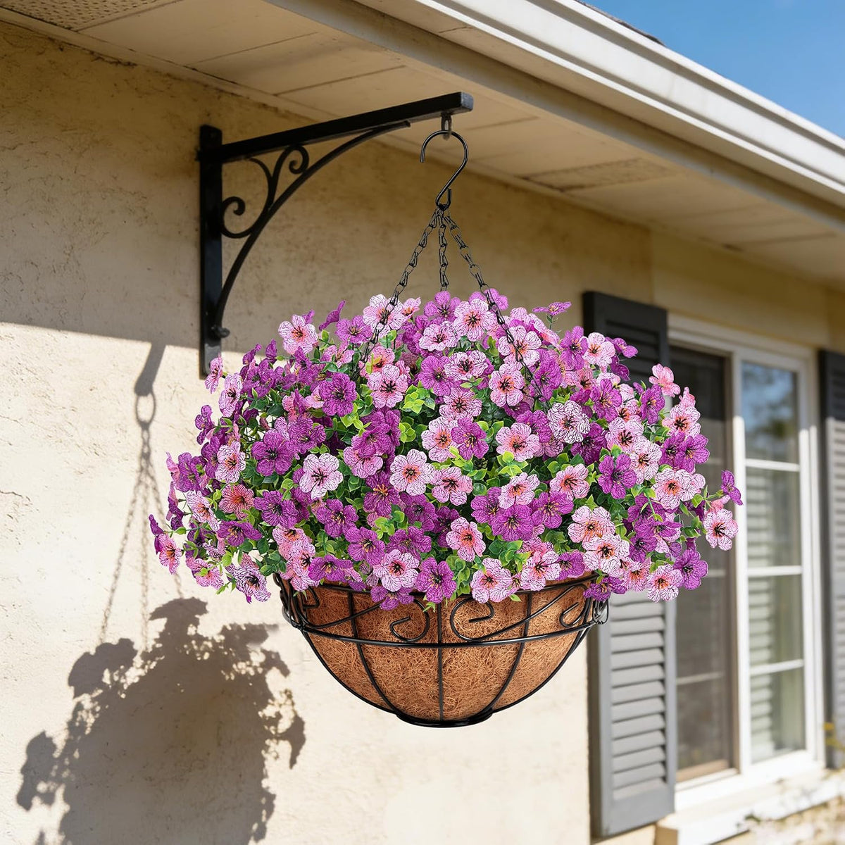 Artificial Fake Hanging Flowers Plants Basket Outdoors, Pink Purple