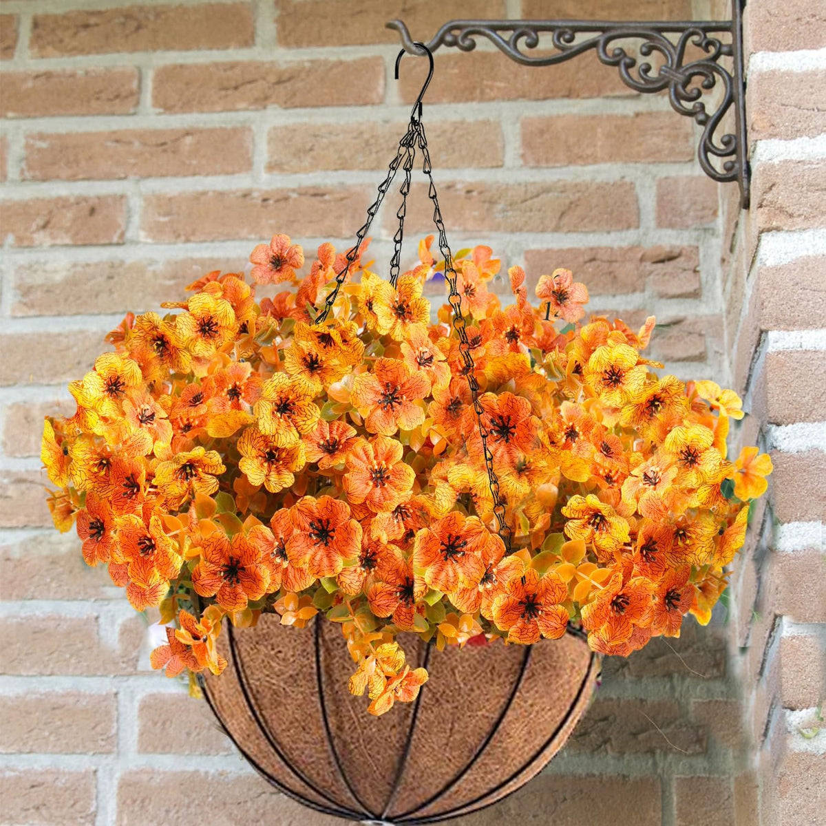 Orgrimmar 2pcs Artificial Fall Mums Hanging Basket Fake Flower Plant Orange