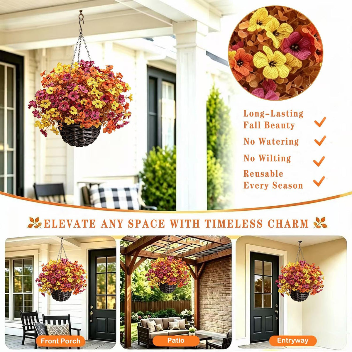Artificial Fall Flowers for Outdoors 2 Pack Fall Hanging Baskets