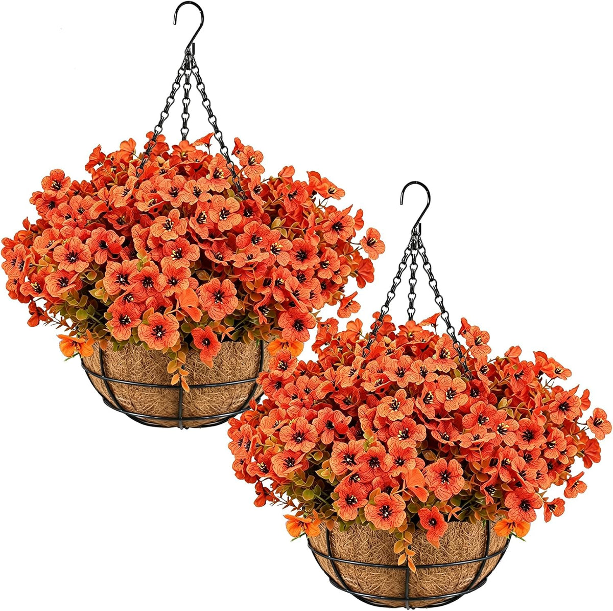 2 Set Artificial Hanging Flower Baskets with Coco Liners, Orange Fall
