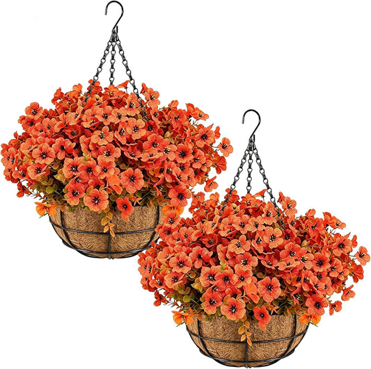 2 Set Artificial Hanging Flower Baskets with Coco Liners, Orange Fall