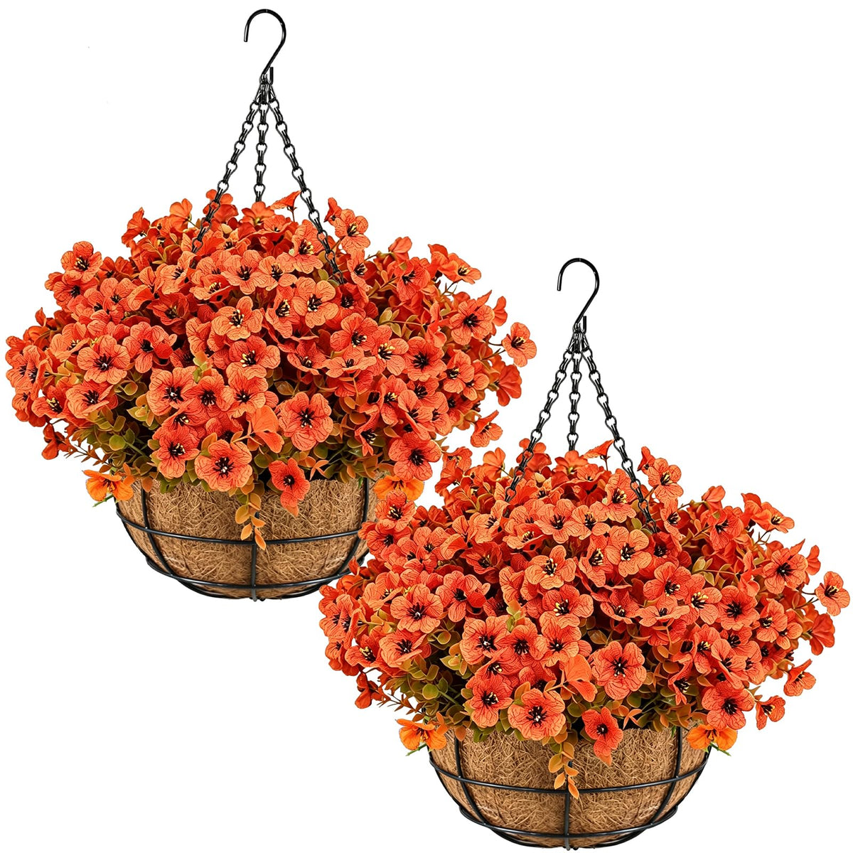 2 Set Artificial Hanging Flower Baskets with Coco Liners, Orange Fall