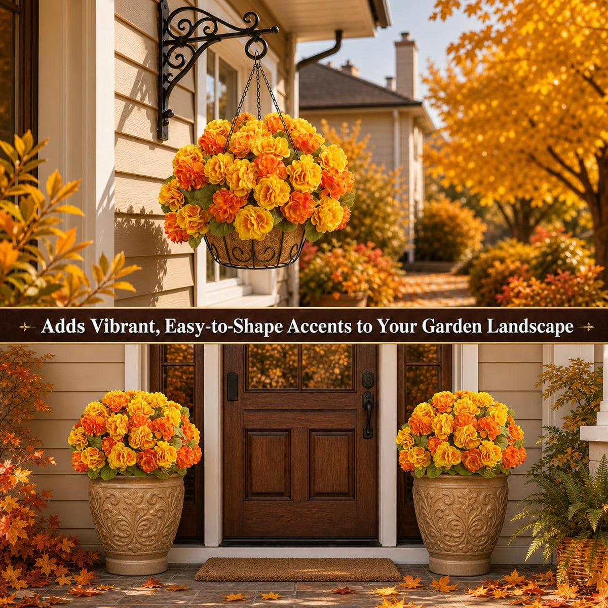 2 Set Artificial Outdoor Fall Flowers with Hanging Baskets