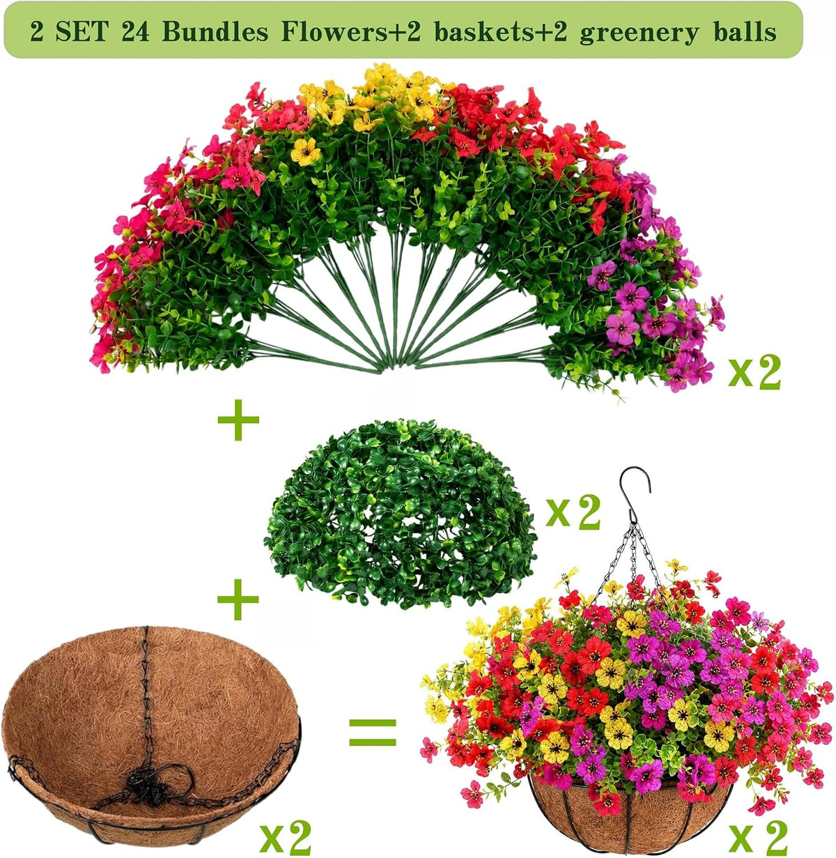 Artificial Hanging Baskets, 24 Pcs Mixed Color Mums UV Resistant Outdoor