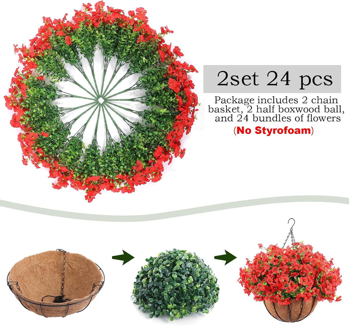 Hananona 24 Pcs Artficial Outdoor Flowers with Hanging Baskets, 2 Pack Hanging Planter with Red Outdoor Spring Flowers for Christmas Porch Home Patio Yard Decor (2, Red)