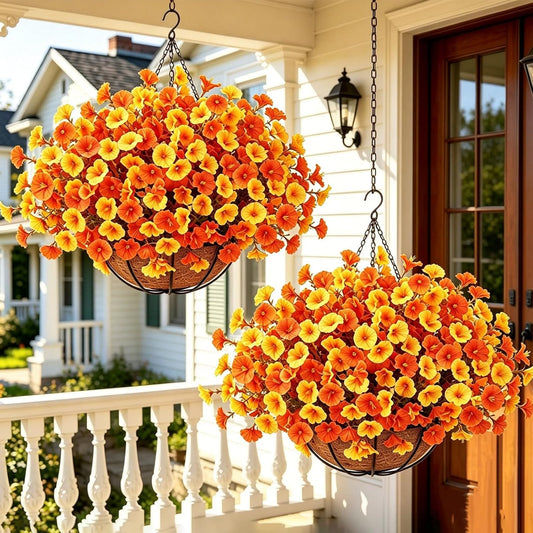 2Set Fall Hanging Mums Flowers with Baskets 28Pcs Faux Fall Mum for Outdoor