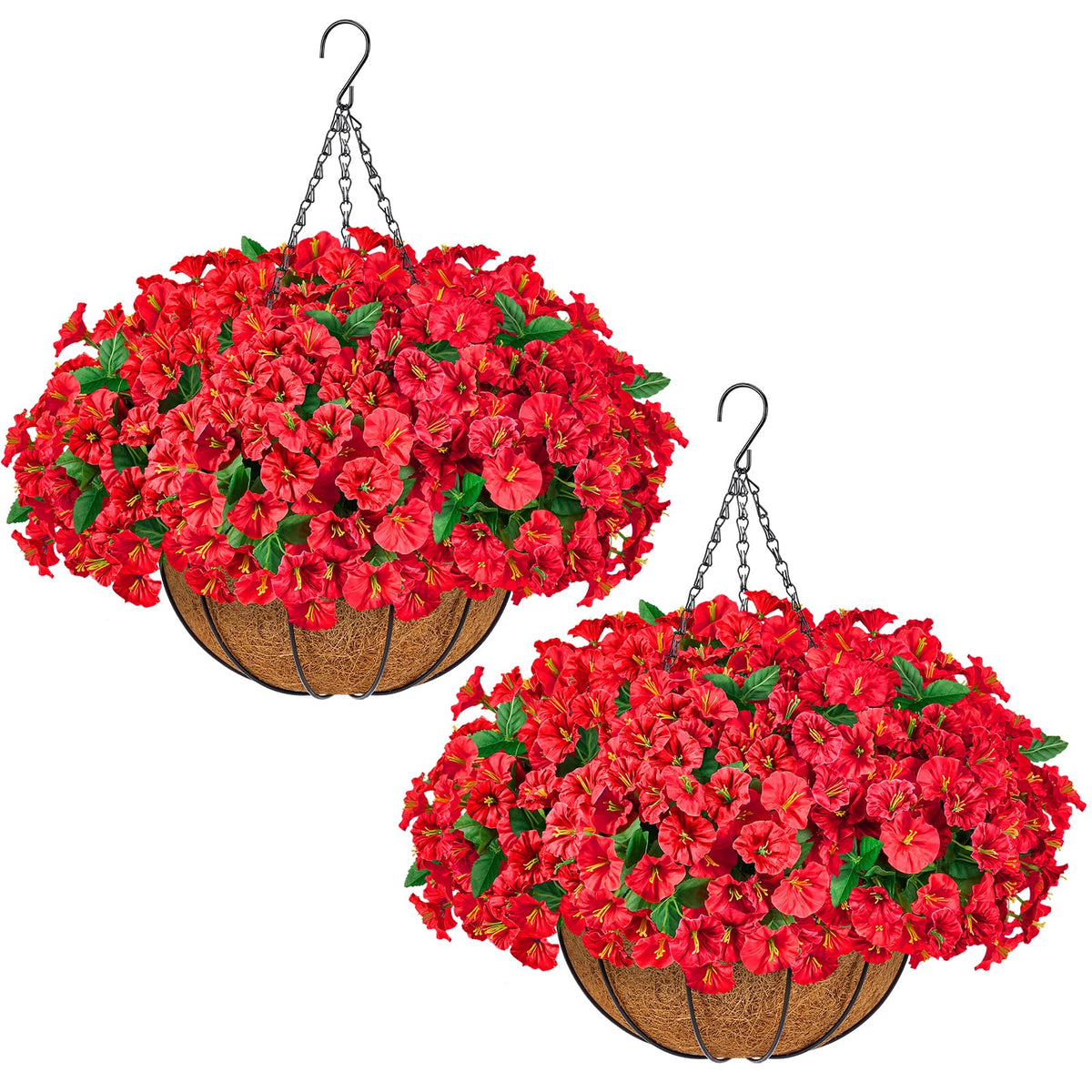 TTQ 2 Pack Artificial Hanging Flower Baskets for Outdoor Decor,Red