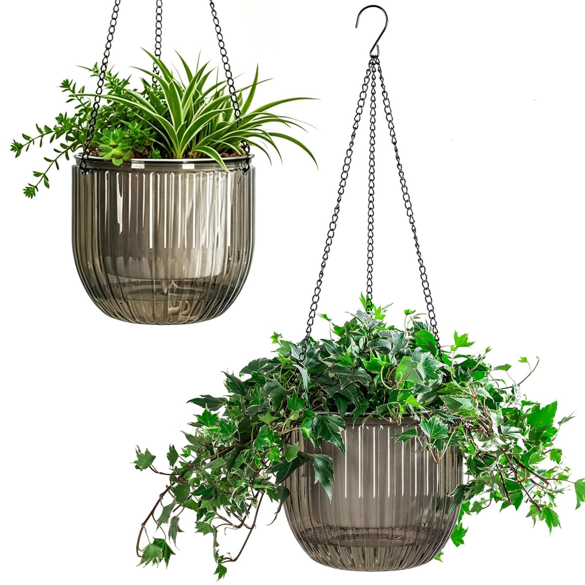 Melphoe 2 Pack Self Watering Hanging Planters Indoor Flower Pots, 6.5 Inch Outdoor Hanging Basket, Plant Hanger with 3Hooks Drainage Holes for Garden Home (Emerald)