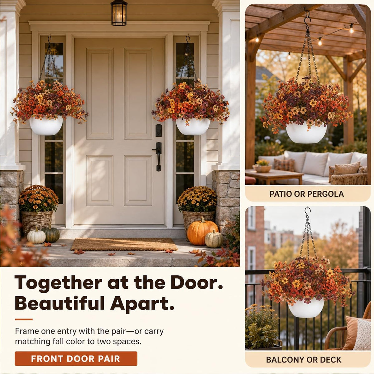 2 Sets of Artificial Hanging Flowers for Outdoors, Fall Mum Hanging Baskets