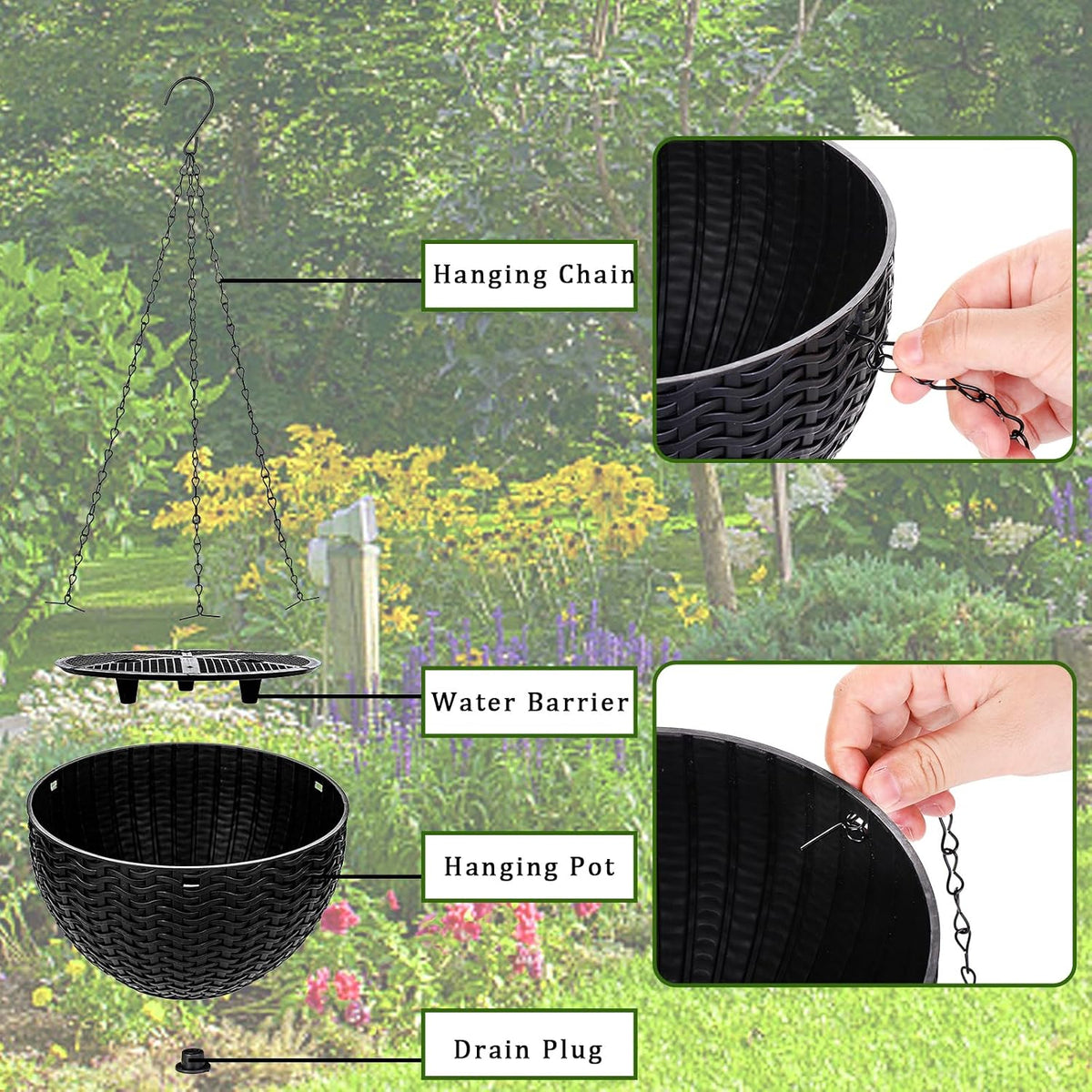 Foraineam 4 Pack Black Hanging Planters, 8.2 inch Hanging Flower Basket Planter Pots, Garden Plant Pot Container, Balcony Patio Hanging Basket Planters with Drainage Hole for Indoor and Outdoor Use