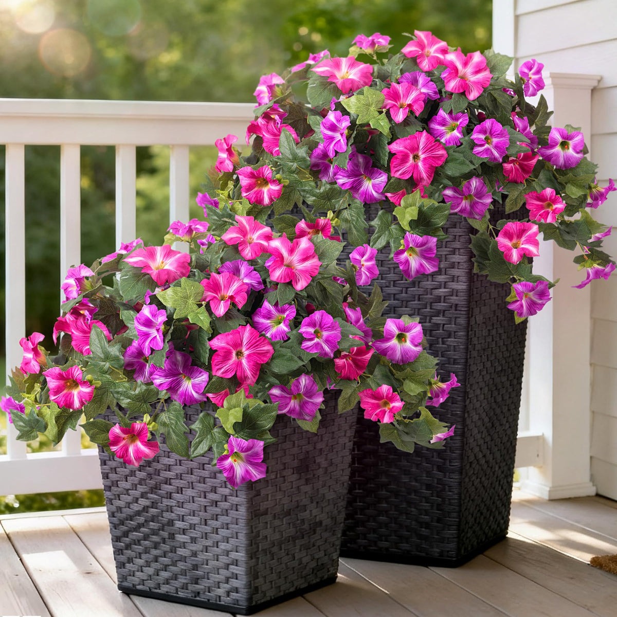 Ammyoo Artificial Hanging Fake Flowers with Basket Plants for Outdoor Decor