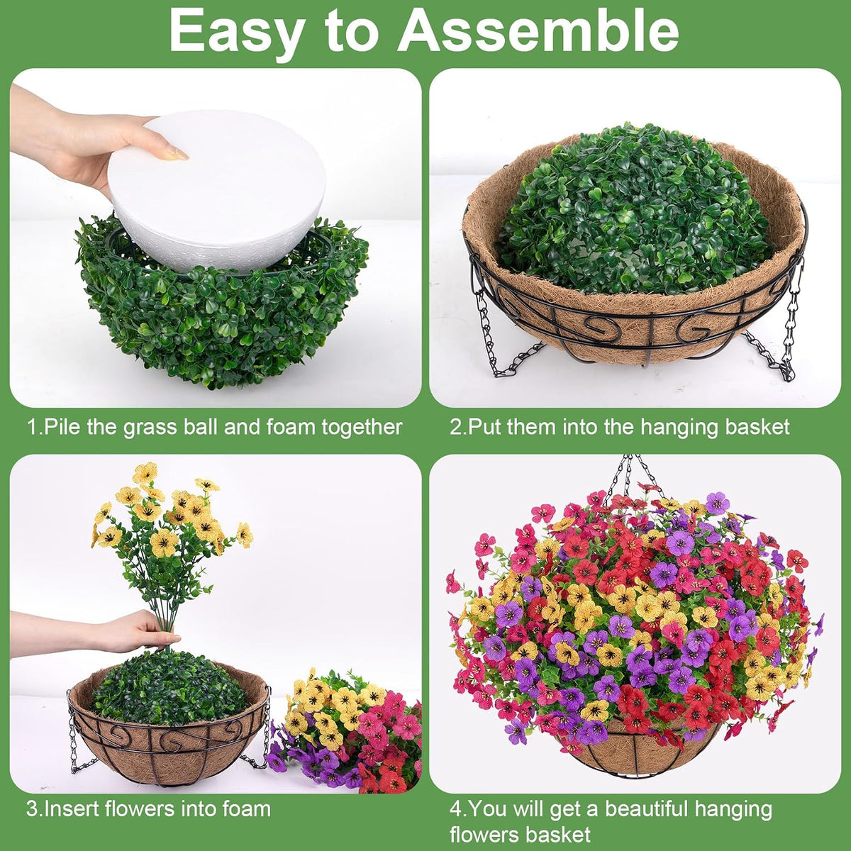 Bassion Artificial Hanging Silk Flowers for Outdoors with Basket, Mixed