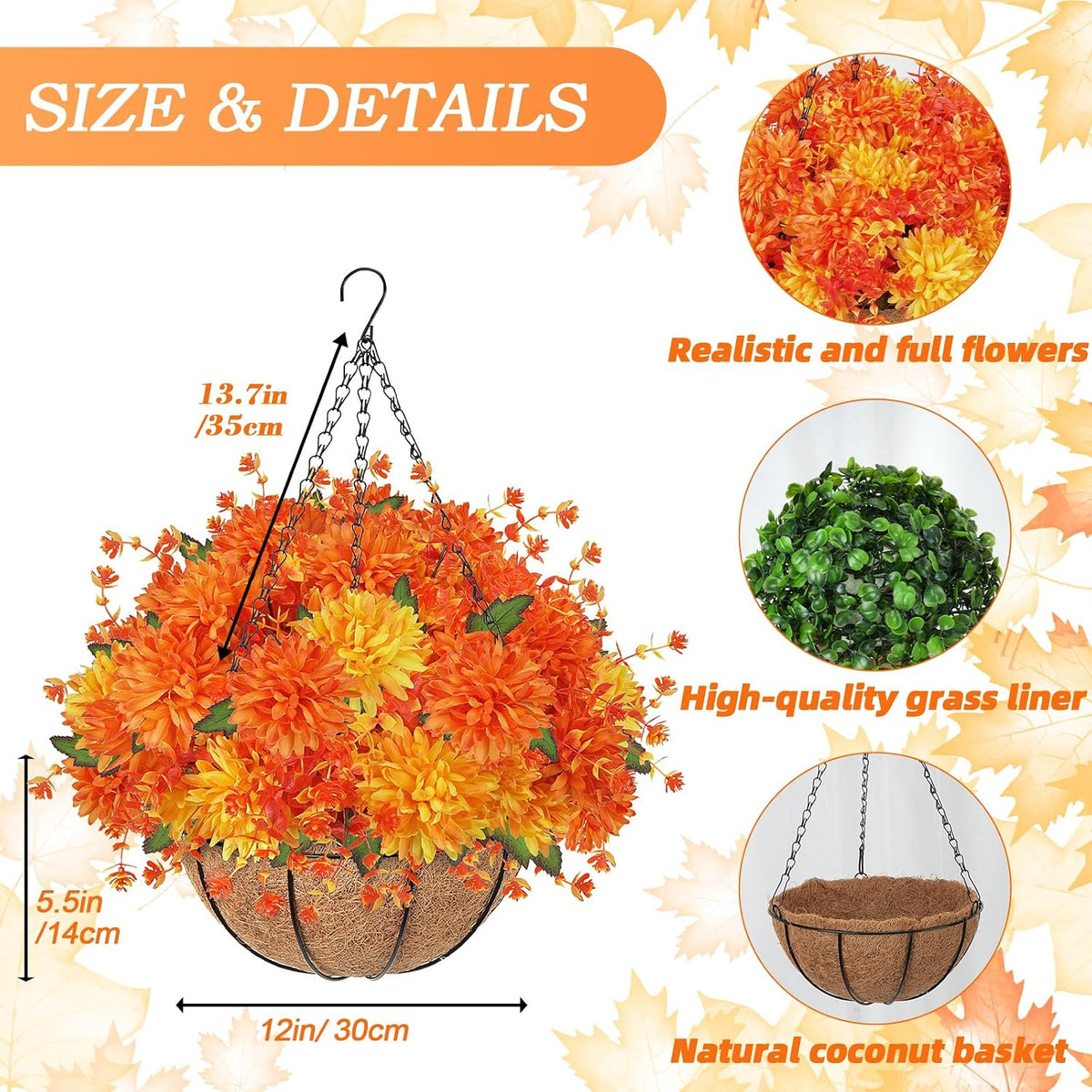 1PCS Fall Hanging Basket Artificial Mums for Outdoors Porch Decor