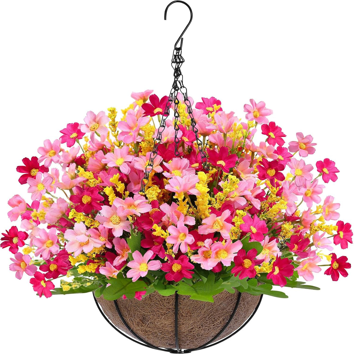 Artificial Faux Hanging Plants Flowers Basket for Outdoors Spring Summer Decoration, Hanging Planters with Fake Silk Hyacinth Flower UV Resistant for Outside Porch Patio Balcony Garden Purple Fuchsia