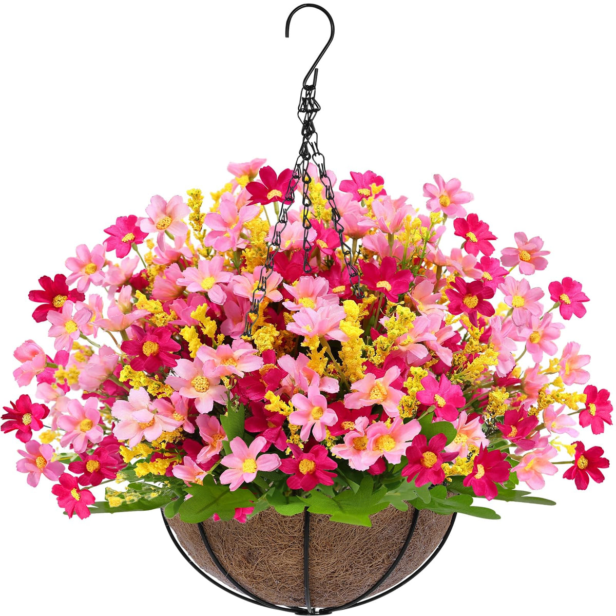 Artificial Faux Hanging Plants Flowers Basket for Outdoors Spring Summer Decoration, Hanging Planters with Fake Silk Hyacinth Flower UV Resistant for Outside Porch Patio Balcony Garden Purple Fuchsia
