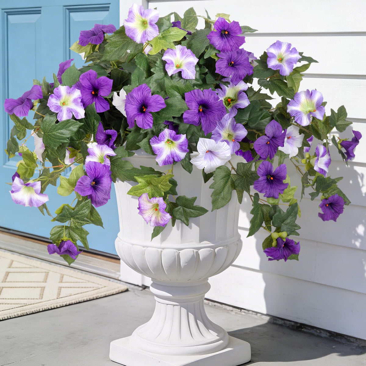 Ammyoo Artificial Hanging Fake Flowers with Basket Plants for Outdoor Decor