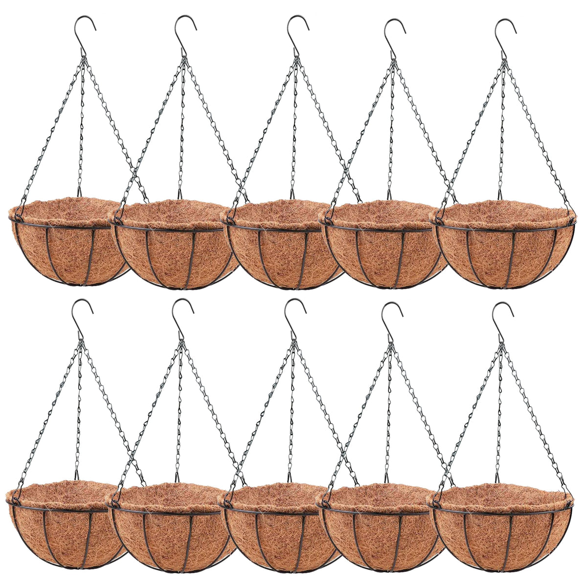 LaLaGreen Round Hanging Baskets (10 in, 2 Pack) Black Metal Coco Liner Pots