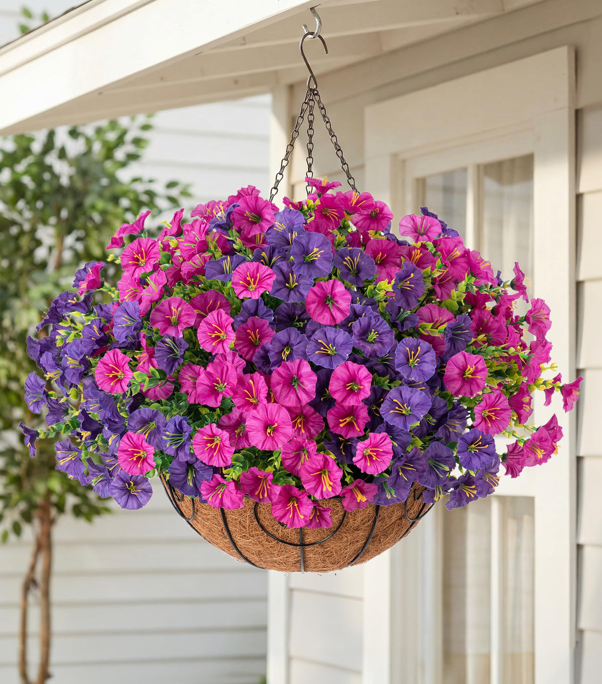 HyeFlora Artificial Fall Hanging Flowers with Basket Faux Plants for Outdoors, Fake Silk Morning Glory with Eucalyptus in Planter UV Resistant Outdoor Flowers for Outside Porch Patio Garden Home