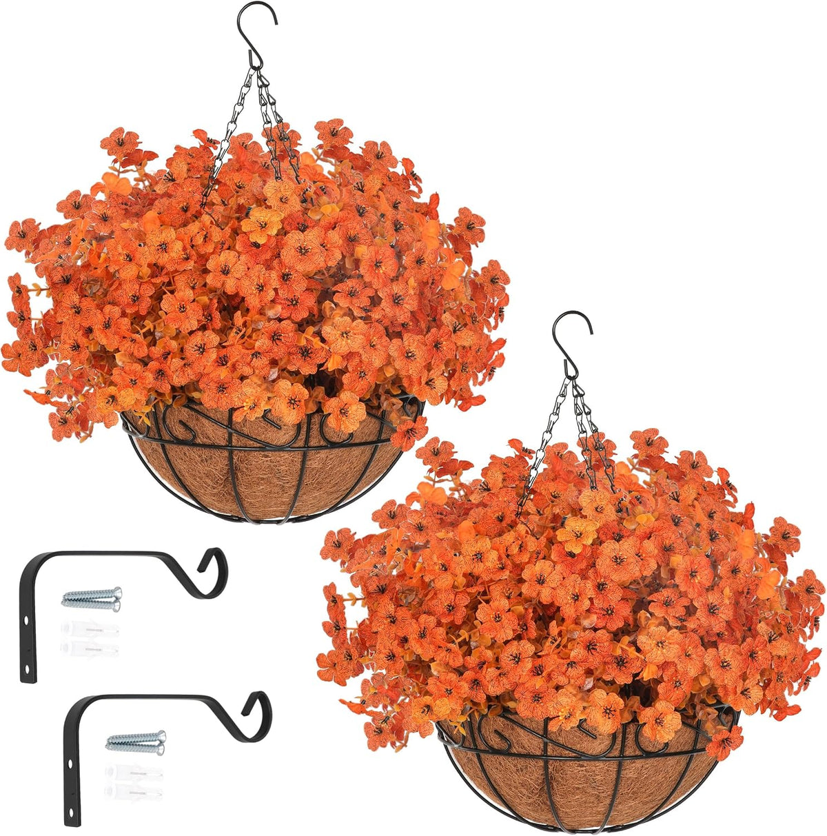 2 Set Artificial Fake Fall Mums Flowers Planter Hanging Basket for Outdoor