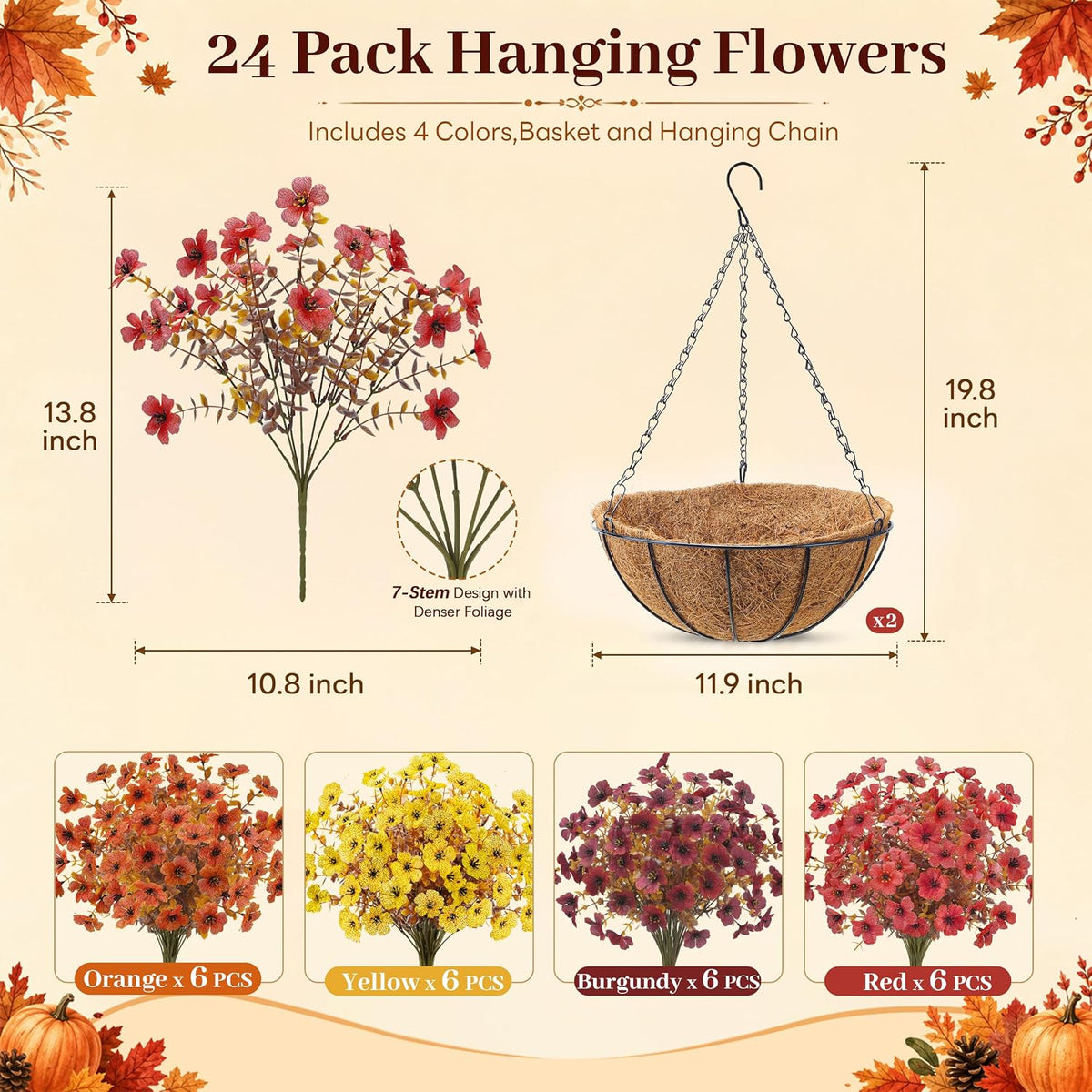Der Rose 2Pcs Fall Artificial Flowers with Hanging Baskets for Outdoors